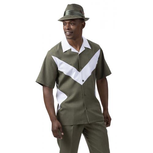 Montique Olive Green / White Sectional Design Short Sleeve Outfit 2073.